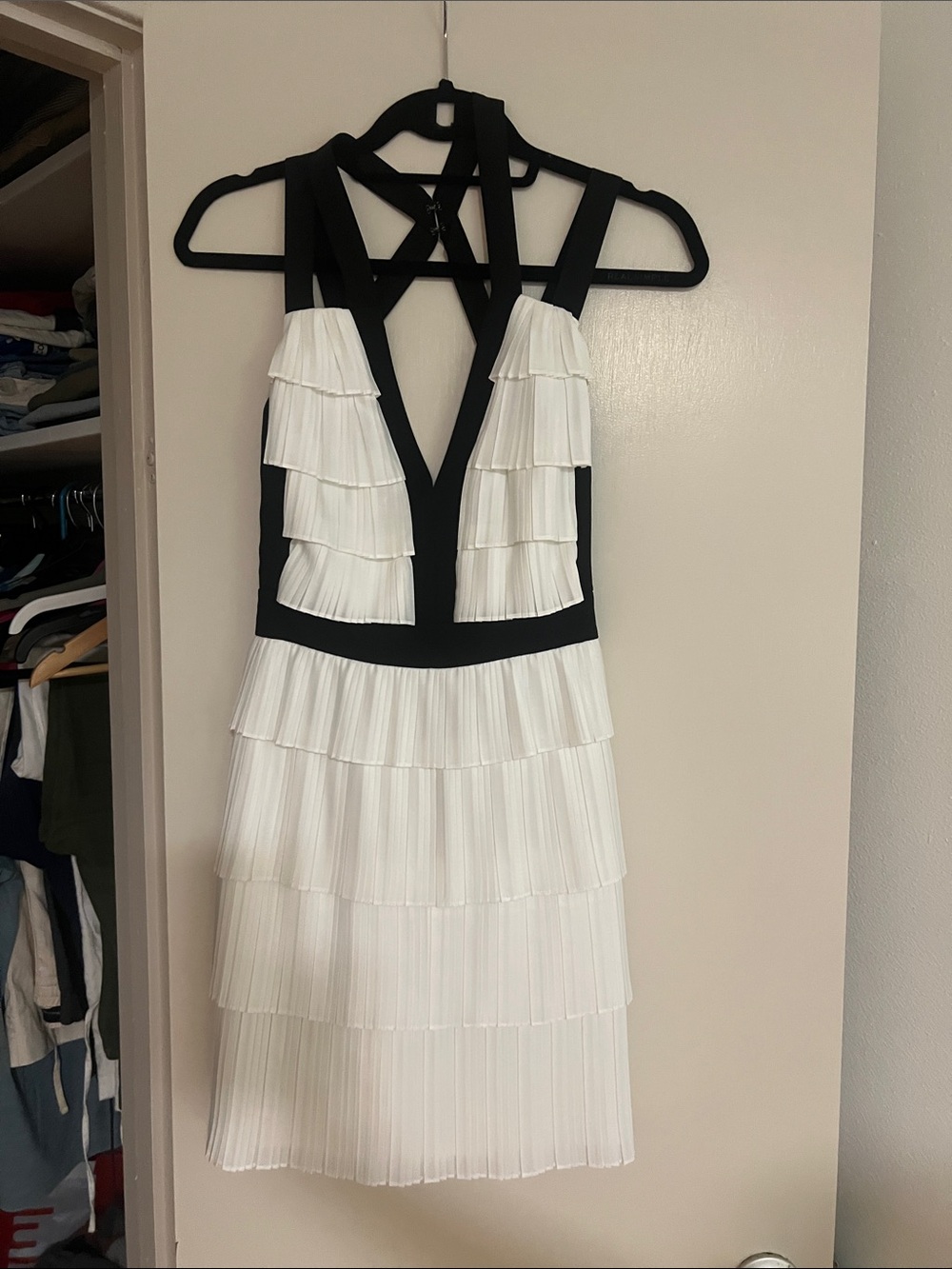 BCBGMaxAzria Black and White Pleated Ruffle V-Neck Mini Dress